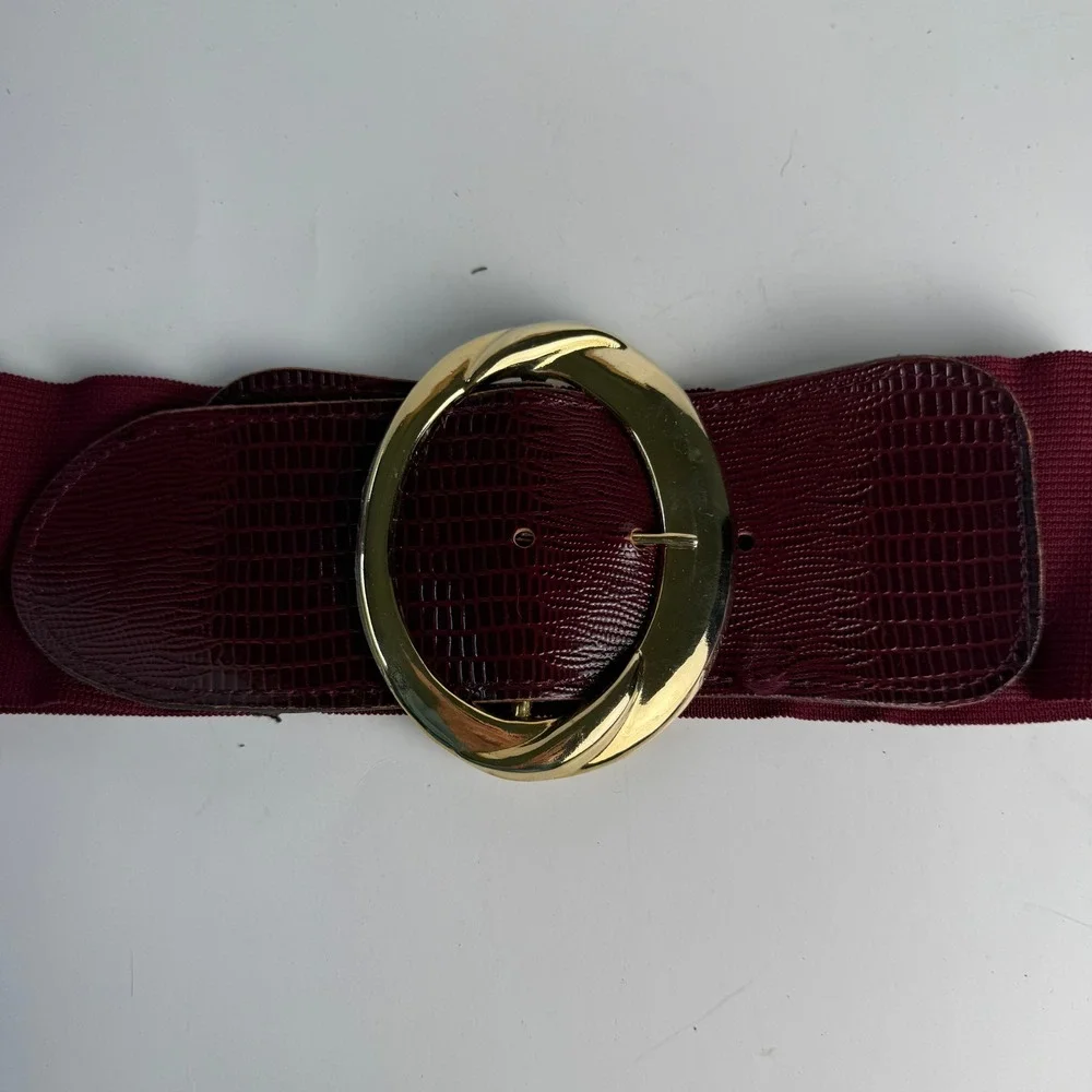 Vintage 80s Elastic Cinch Belt Gold Metal Buckle XS S Burgundy Red Wide Waist